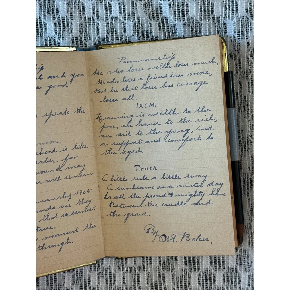 Antique 1905 Pocket Notebook Handwritten Notes Ephemera Blue Gold Floral